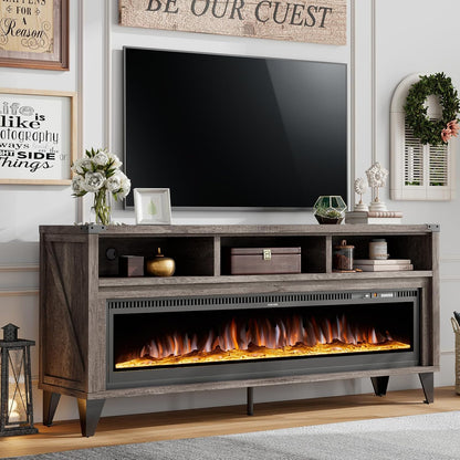 AMERLIFE 65" Fireplace TV Stand with 60" Glass Electric Fireplace, Industrial & Farmhouse Media Entertainment Center with Open Shelve Storage for TVs Up to 75", TV Console for Living Room, Light Gray