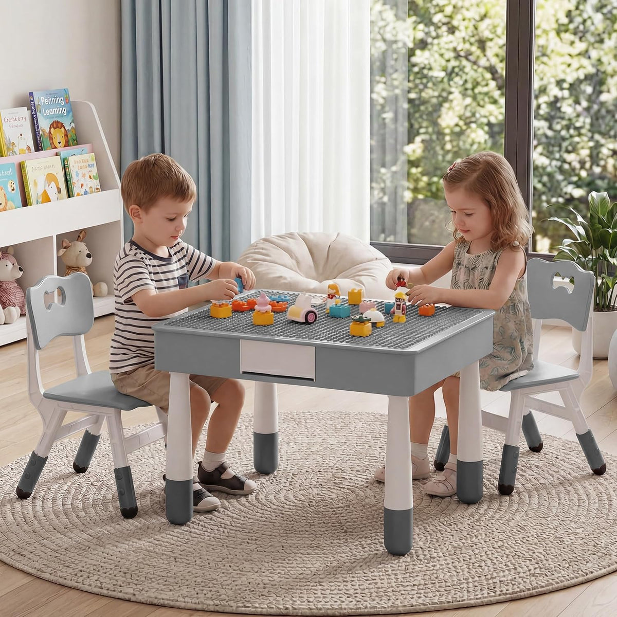 4-in-1 Kids Activity Table Set with 2 Adjustable Toddler Chairs, Double-Sided Reversible Building Block & Graffiti Drawing Tabletop, for Reading, Drawing, Dining & Block Play, Gift for Kids