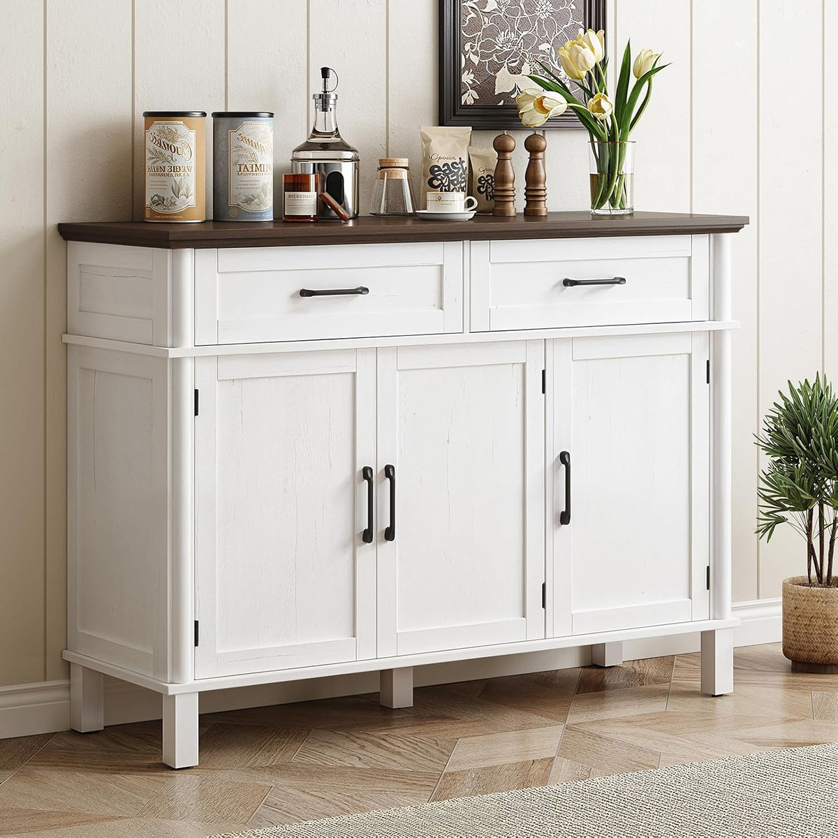 48 Inches Buffet Cabinet with Storage, Farmhouse Sideboard Buffet w/2 Drawers and 3 Doors, Wood Coffee Bar Cabinet with Adjustable Shelves, Sideboard Storage for Kitchen, Living Room, Off White