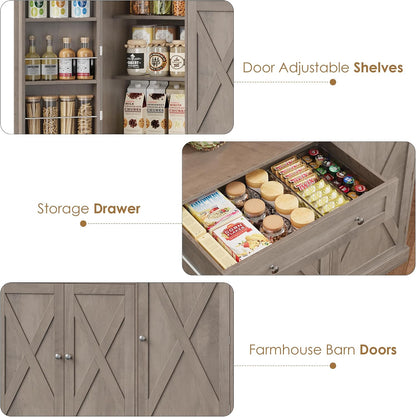 HIFIT 72.8” Tall Kitchen Pantry Cabinet with LED & Charging Station, 55” Wide Farmhouse Pantry Cabinet with Microwave Stand&Shelves&Swing-Out Door, Kitchen Hutch Coffee Bar for Living Room, Grey