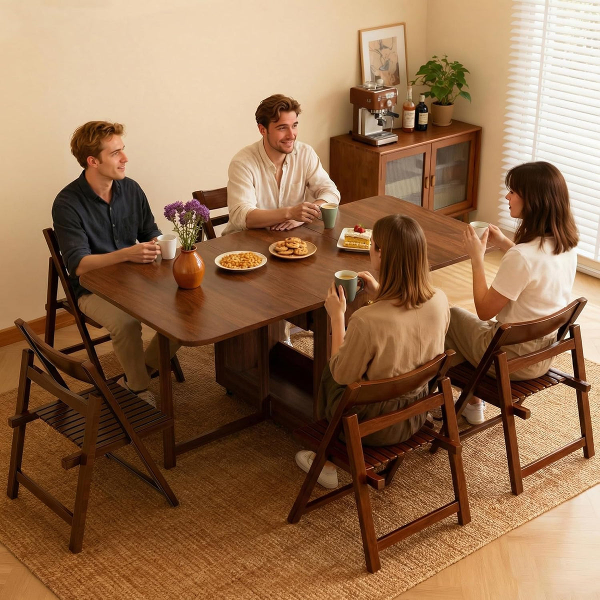Small Folding Dining Table - 51" Fully Assembled Drop Leaf Table 4-6 Seater with Storage and Lockable Wheels, Space-Saving for Kitchen or Dining Room (Walnut)