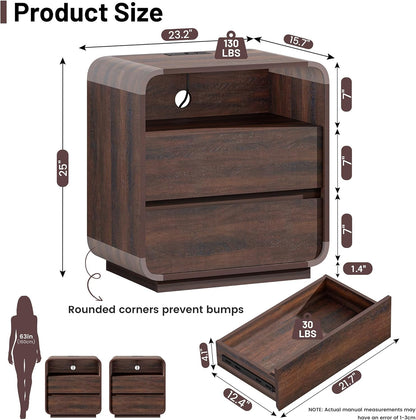 Standifurno Modern Nightstand Set of 2, 23.2" Wide Wood Bedside Table with Charging Station, 2 Storage Drawers Side Table Curved Profile, Handleless, Large End Table Night Stand for Bedroom, Walnut