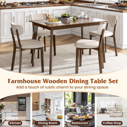 GOFLAME 5-Piece Dining Table Set for 4, Farmhouse Kitchen Table & 4 Upholstered Chairs with Rubber Wood Frame, Padded Seat, Curved Backrest, Space-Saving Dinette Set for Dining Room, Small Space