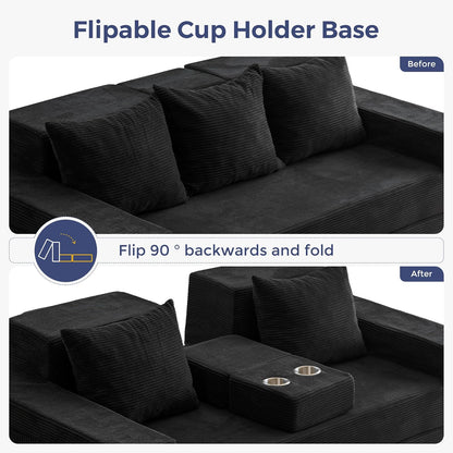 MAXYOYO Sofa Bed, 80-Inch Oversized Loveseat, 2 Cup Holders | Corded Black 4-in-1 Couch Converts Into a Floor Sofa or Chair; Sofa-in-a-Box Design Requires No Assembly.