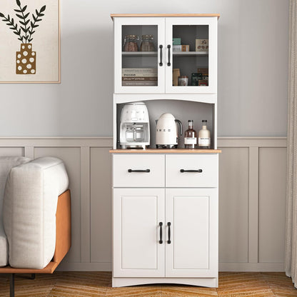 66.9'' Kitchen Pantry Cabinet, White Pantry Storage Microwave Cabinet with Glass Doors, Adjustable Shelves, Drawer, Freestanding Larder Cupboard for Kitchen, Dining Room