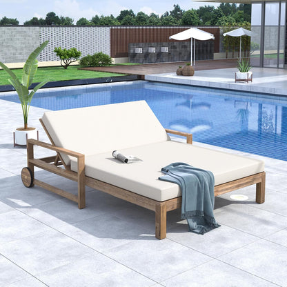 Merax Acacia Wood Outdoor Daybed Sofa, Farmhouse Patio Sun Lounger with Adjustable Backrest, High-Density Cushions & Removable Wheels, Weather Resistant for Garden, Poolside, Backyard, Beige