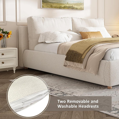 Merax Queen Boucle Upholstered Bed, 2 Removable Headboard Pillows, White