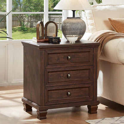 SAVOR LIFE 3-Drawer Nightstand Set of 2 with Solid Wood Legs,Walnut | Pair of three-drawer bedside tables with sturdy square wood legs for matching bedroom storage or living-room end tables