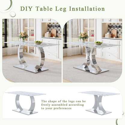 Modern Dining Table Set for 6, 63 Inch White Faux Marble Dining Room Table with Silver Leg, Rectangular Kitchen Table with 6 Grey Chairs for Kitchen Apartment Restaurant