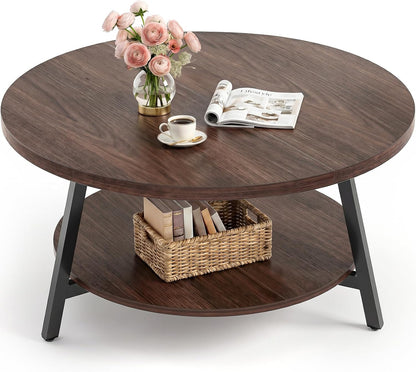 Armocity 35.4" Round Wood Coffee Table with 2-Tier Storage, 1" Thick Top