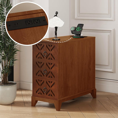 KEIKI End Table with 3 Drawers, Corner Table with 4 Open Shelves, Tall Side Table for Living Room, Bedroom and Corner
