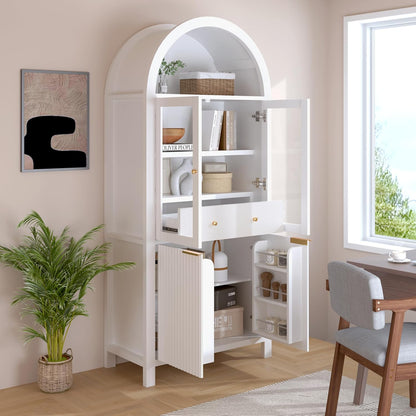 71" Fluted Tall Arched Kitchen Pantry with Glass Door, Farmhouse Storage Cabinet with Adjustable Shelves & Hidden Drawer for Kitchen, Living Room, Dining Room, White