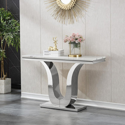 SSLine Modern White Faux Marble Console Table Luxury Entryway Table with Silver Pedestal Base 46.8" Mid-Century Elegant Sofa Table w/Mirrored Stainless Steel Frame for Living Room Hallway
