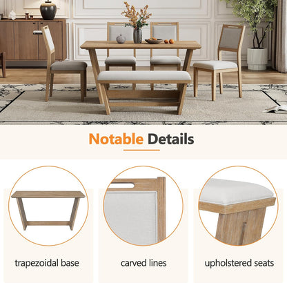 Merax 6-Piece Retro Dining Set, 1 Rectangular Table with Stable Trapezoidal Table Base and 4 Upholstered Chairs and 1 Bench for Dining Room and Kitchen, Natural Wood Wash
