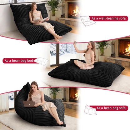 3 in 1 Bean Bag Chair with Memory Foam Filling, Beanbag for Adult 6 Colors, Machine Washable Flannel Cover, Soft Cozy for Bedroom, Living Room, Covered Outdoor Spaces Black