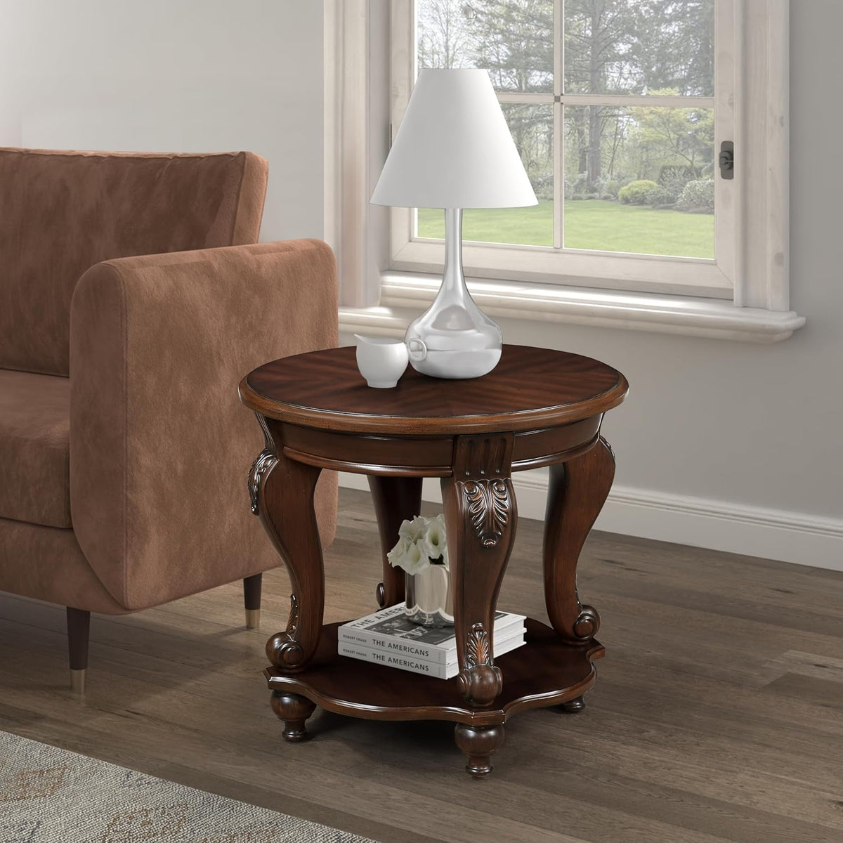 22'' Retro Round End Table,Solid Wood Sofa Side Table with Shelf,Living Room Corner Table Easy Assemble,Cherry