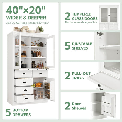 Polibi Large 72" H x 40" W Kitchen Pantry Cabinet Freestanding Storage with Glass Doors, Adjustable Shelves & Drawers, Serving Trays for Coffee Bar or Dining Room, White