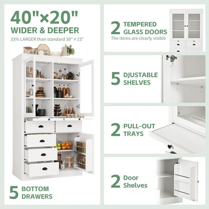 roomfitters 72" Kitchen Pantry Organizers and Storage Kitchen Cabinet, Storage Hutch with Glass Doors, 5 Drawers, White