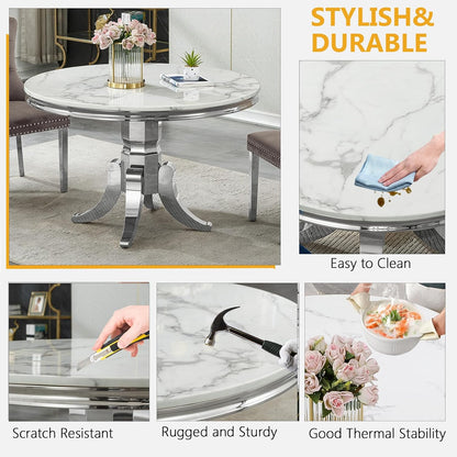 45 inch White Marble Round Dining Table for 4 to 6, Modern Round Dining Table with Faux Marble Top & Silver Stainless Steel Y Base, Luxury Marble Kitchen Dining Room Table for Dinette Party Gathering