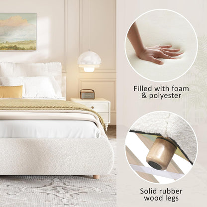Merax Queen Boucle Platform Bed with 2 Removable Headboard Pillows, White