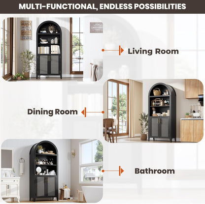 IDEALHOUSE Arched Kitchen Pantry Cabinet with Doors - 5-Tier Open Display Shelf with Rattan Decor, Farmhouse Storage Cabinet for Kitchen, Dining Room, Living Room, Black