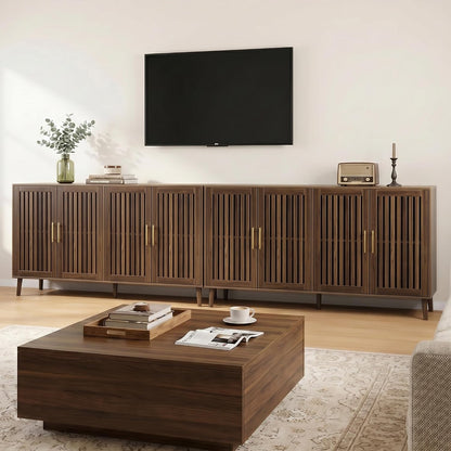 Smart FENDEE 63" Long Sideboard Buffet with 4 Slatted Doors, Farmhouse Buffet Storage Cabinet with Adjustable Shelf, Coffee Bar Cabinet for Entryway, Kitchen, Dining Room, Living Room, Walnut Color