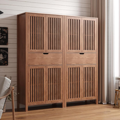 Set of 2 Pantry Cabinet, 69" Tall Freestanding Storage Cabinet with Louvered Doors and 4-Tier Adjustable Shelves, Modern Farmhouse Tall Cupboard with Large Drawers for Kitchen, Living Room, Brown