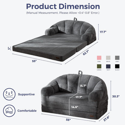 MAXYOYO Folding Sofa Bed with Backrest, Fold Out Couch with Handle | 2 in 1 Convertible Bean Bag Chair to Floor Sofa Lounger, Comfy Folding Couch for Bedroom & Living Room, Dark Grey, Loveseat