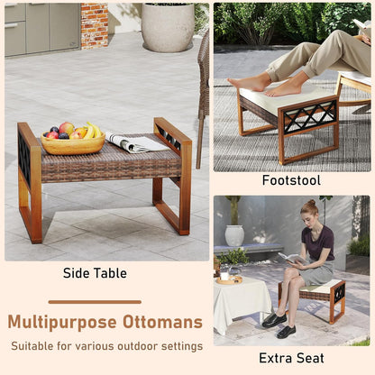 Tangkula Rattan Wicker Outdoor Ottoman Set of 2, Patio 3-in-1 Footstools with Removable Cushions, Additional Seating and Side Tables for Porch, Backyard & Poolside (Off White)