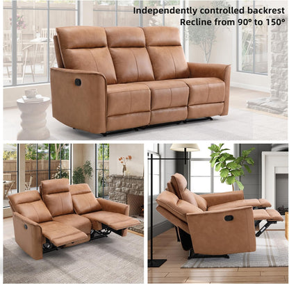 CANMOV Manual Loveseat Recliner Sofa, Wall-Hugger 3 Seat Reclining Love Seat Couches, Leathaire Reclining Sofa Set, 3-Seater Recliner Chair for Living Room, Office, Apartment, Brown