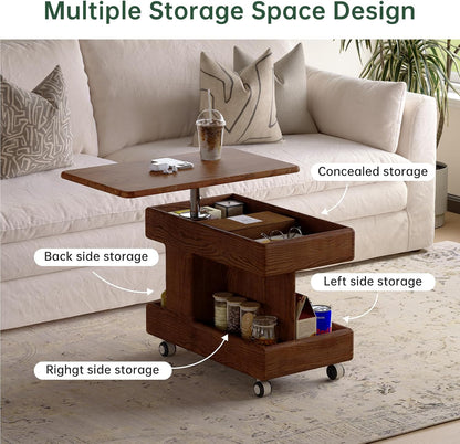 100% Solid Wood Lift Top End Table with Swivel Top, Sofa Couch Table with Wheels, Small Bedside Table for Living Room, Recliner and Small Places(Walnut, Fully Assembled Furniture)