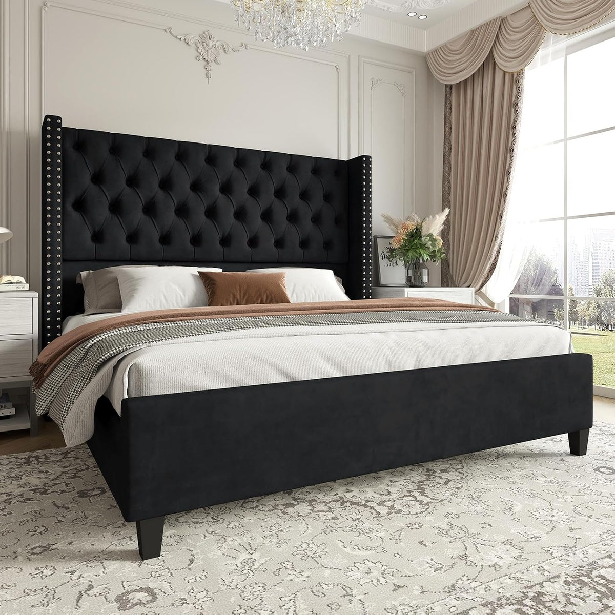 Jocisland King Size Bed Frame with 51.6" Velvet Wingback Headboard, Black