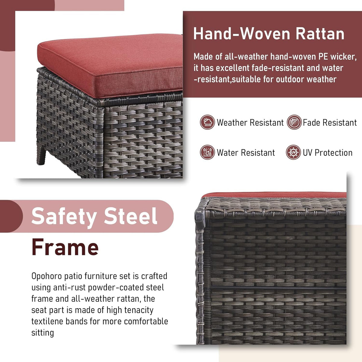 Outdoor Ottoman Set of 2 - PE Wicker Rattan Ottoman Patio Footstool for Deck Porch Balcony Garden - Grey/Red