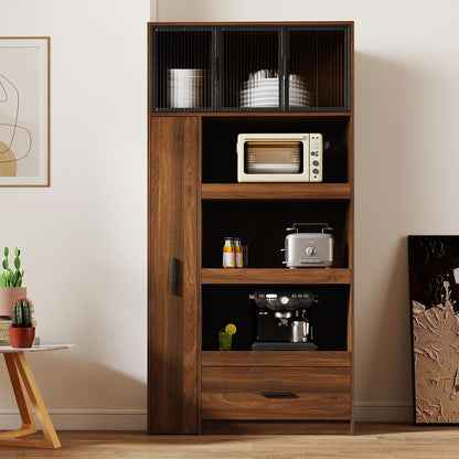 Tall Kitchen Pantry Cabinet with Microwave Stand, Walnut Coffee Bar Cabinet with Drawer, Pull-Out Storage Shelves and Aluminum Frame Glass Doors, Freestanding Food Hutch for Kitchen and Dining Room