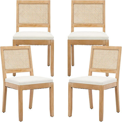 ODUSE-DAILY French Country Rattan Dining Chairs Set of 4, Beige Farmhouse Kitchen & Dining Room Chairs, Wood Dining Chair with Cane Back & Linen Upholstered Seat, Solid Wood Frame