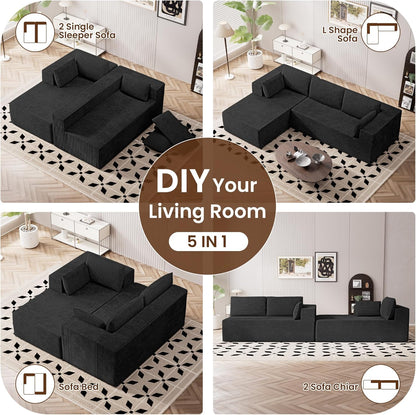 106" Cloud Sectional Couches for Living Room, Modular L Shaped Couch with Deep Seat Oversized Left Facing Chaise, Memory Foam Compressed Spineless 3 Seater Sofa for Bedroom Apartment, Black