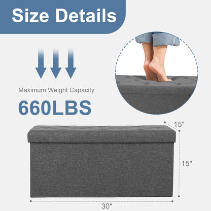 NEWBULIG Ottoman with Storage Bench-30 Inches Small Folding Foot Rest Stool with Thicker Foam Padded Seat, Storage Chest for Living Room, Entryway, End of Bed Bench, Holds Up to 660 lbs Grey