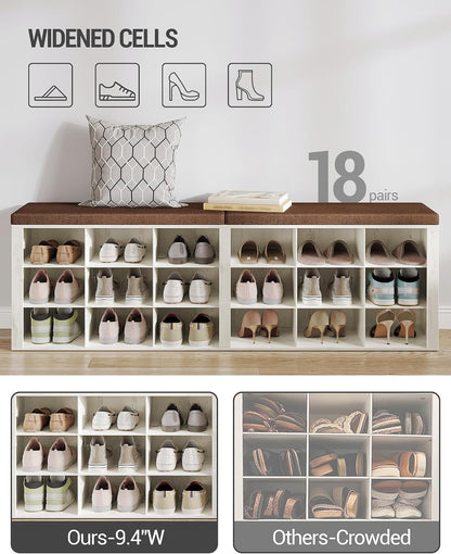 Hzuaneri Shoe Storage Bench with Cushion, Entryway Storage Bench with 18 Cubbies, 9.5" Widened Organizer Cabinet, Long Cubby Rack for Living Room, Bedroom, Entryway, White and Brown SB25714KA