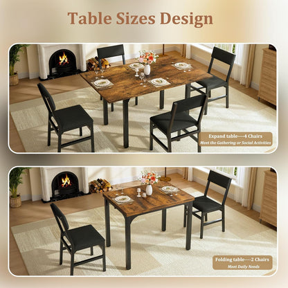 HUAHUU 5-Piece Dining Table Set for 4, Extendable Kitchen Table Set with 4 Upholstered Cushion Chairs, Rectangle Table with Metal Frame & MDF Board, Folding Space-Saving for Small Apartment, Rustic