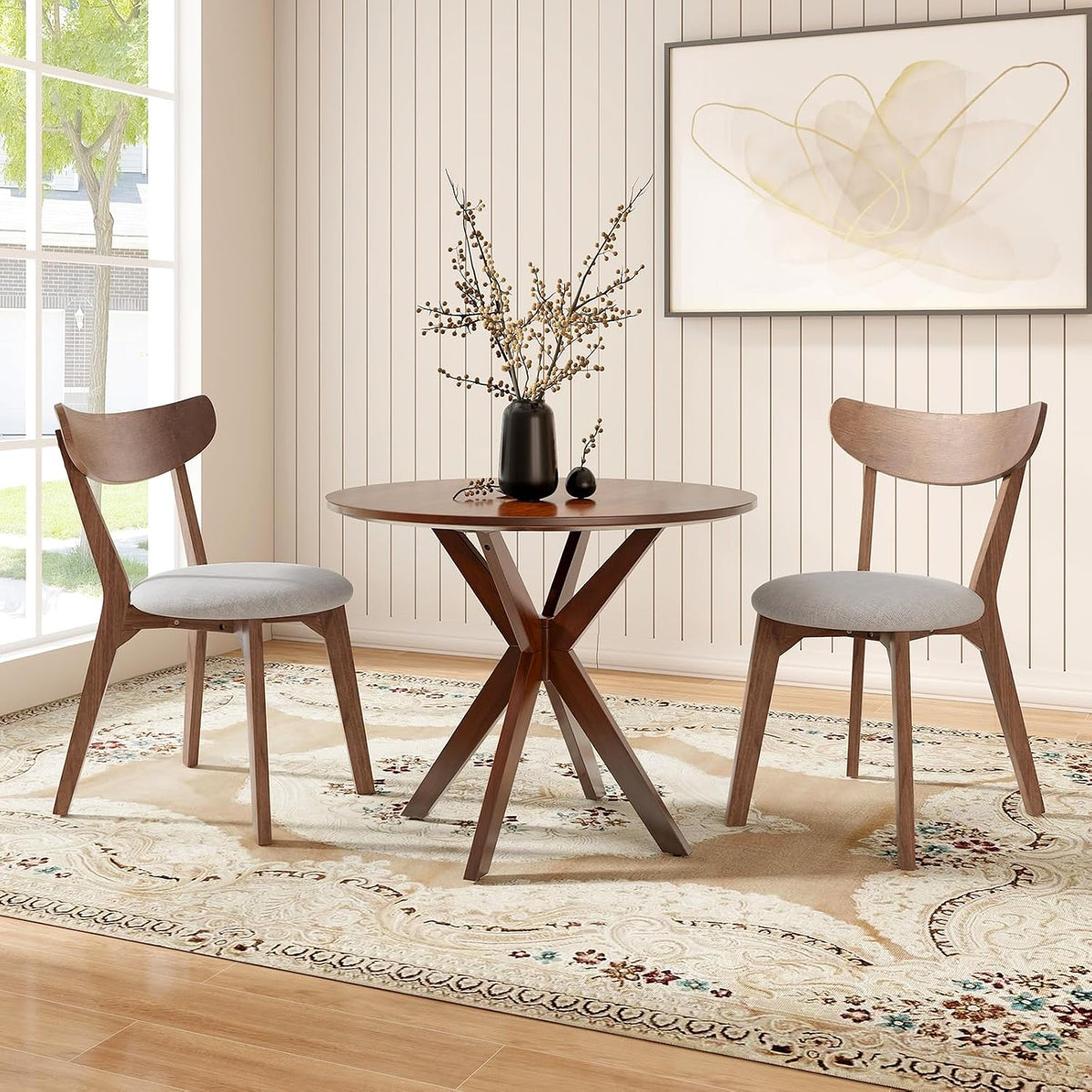 ERGOMASTER 3-Piece Dining Table Set for 2, 36" Kitchen Round Table with 2 Chairs, Rubber Wood Legs, Brown