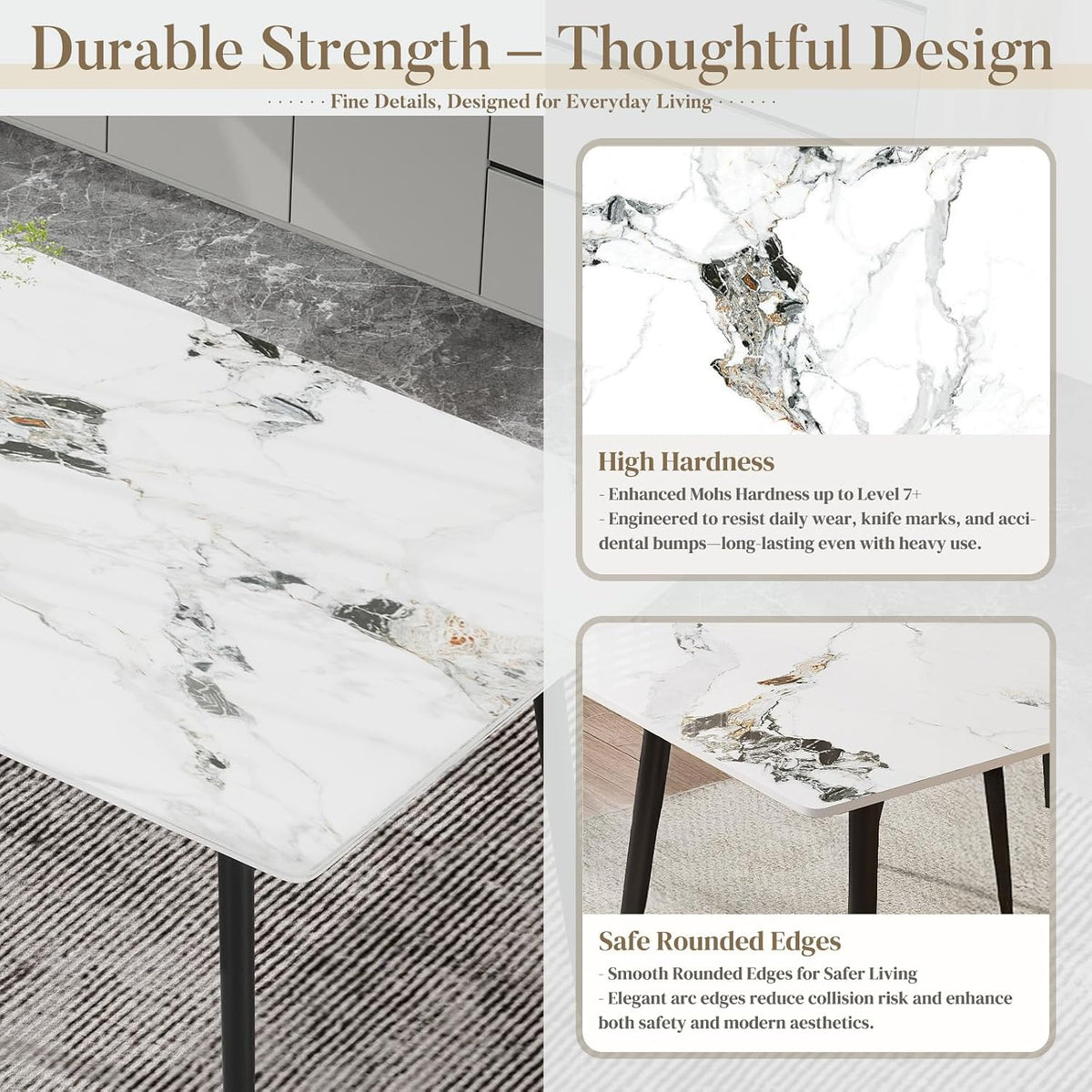 63" Sintered Stone Dining Table, Modern Rectangular Kitchen Table with Carbon Steel Legs for 4-6 Seat, Scratch Heat and Stain Resistant for Dining Room/Restaurant (White w/Black Gold Vein)