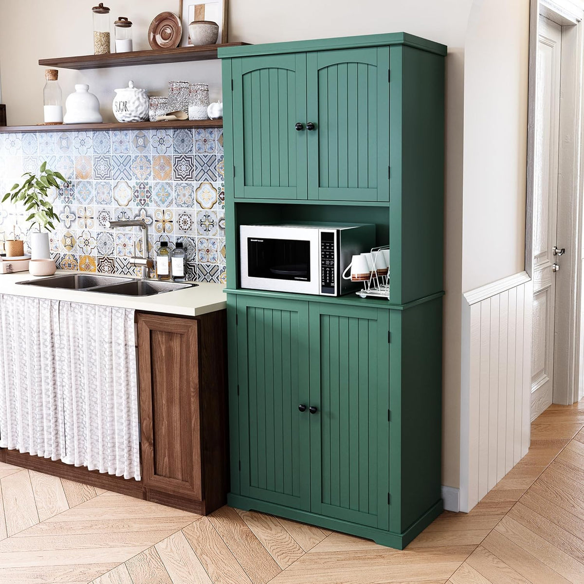 HLR 72" Kitchen Pantry Storage Cabinet with Open Countertop, Freestanding Larder Cupboard with Microwave Stand, Utility Laundry Room Storage Cabinet with Doors and Shelves for Dining Room, Living Room