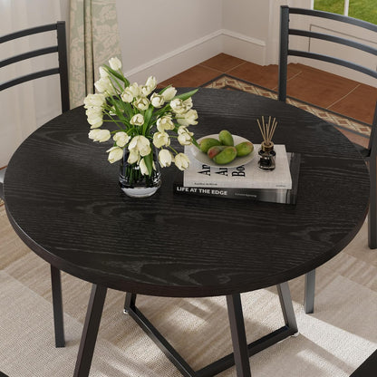 VECELO Round Dining Room Table with Wood Grain Tabletop and Steel Frame, for Kitchen, Living Room, Office, Conference, 2 to 4 Person, Black