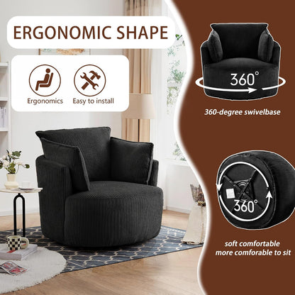 Swivel Accent Chair Round Barrel Armchair Upholstered Living Room Chair Corduroy Reading Chair Single Sofa Chair for Bedroom Apartment Office (Black, Standard 1Seater)