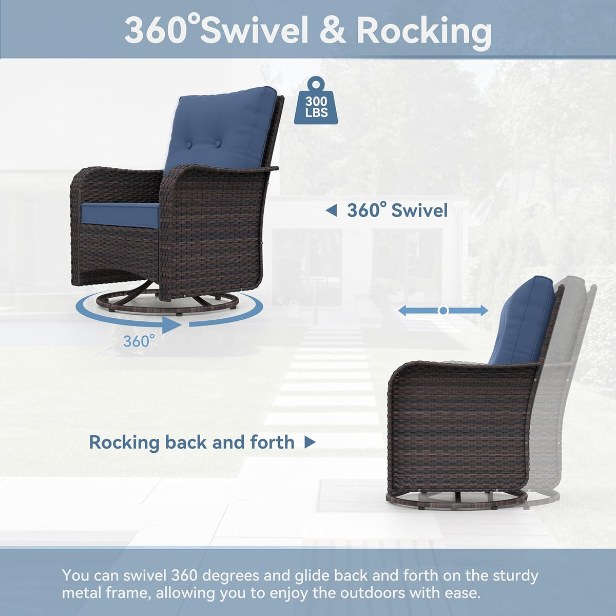 Kurapika 3 Pieces Patio Furniture Set Outdoor Swivel Gliders Rocker, Wicker Patio Bistro Set, Rattan Rocking Chair with Tempered Glass Side Table and Thickened Cushions (Navy Blue)