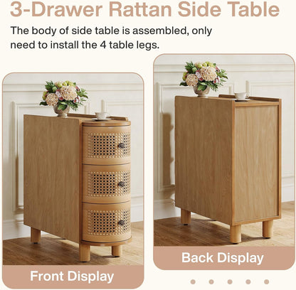 Tribesigns 3-Drawer Rattan End Table, Sofa Side Table with Vintage Embossed Handles, Slim Nightstand for Living Room, Bedroom, FiniMDF, No Assembly (1, Oak)