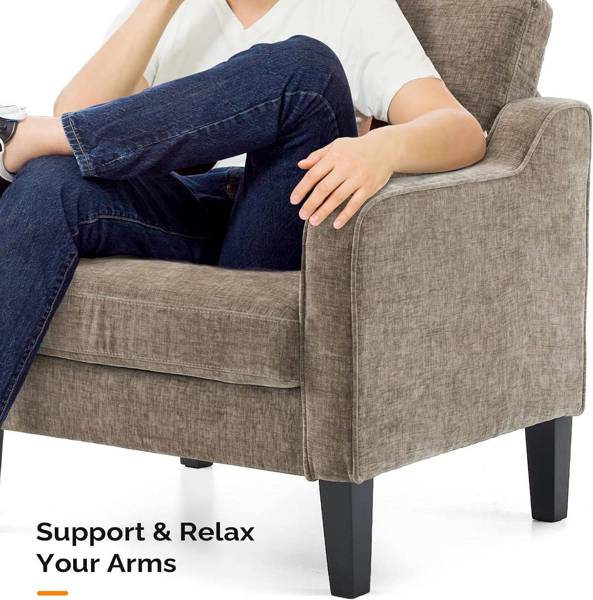 VINGLI Light Brown Accent Chair, Upholstered Armchair for Living Room | Chenille Reading Chair for Bedroom, Modern Traditional Sofa Chair, Comfy Chair for Small Space, Apartment, Waiting Room
