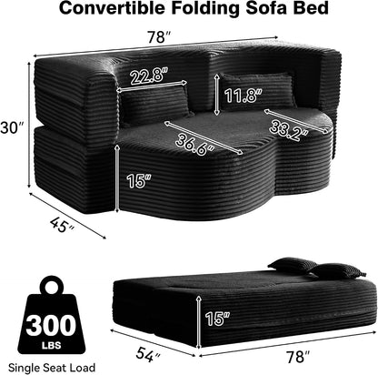 78" Full Size Convertible Futon Sofa Bed, Corduroy Folding Sleeper Sofa Bed with 2 Pillow, Foam Mattress Couch Bed, No Assembly Loveseat Couches for Living Room Apartment, Space‑Saving, Black