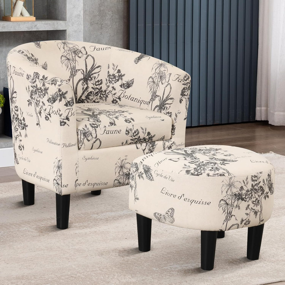 INZOY Modern Accent Chair with Ottoman for Small Space, Club Chair with Ottoman Set, Comfy Fabric Barrel Reading Chairs for Living Room Bedroom, Round Reading Chair with Foot Rest, Flower Pattern