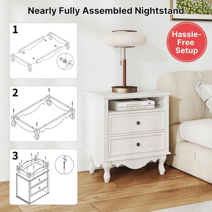 Solid Wood Nightstands Set of 2, Fully Assembled Night Stand with 2 Drawer & Open Shelf Storage, Bedside Table with Charging Station, Mid-Century Modern End Table for Bedroom, White